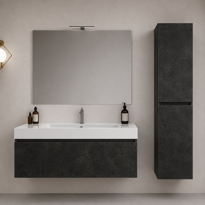 Mobile bagno sospeso Cairo 100 cm con lavabo in marmoresina, specchio con LED e colonna - Cemento Scuro