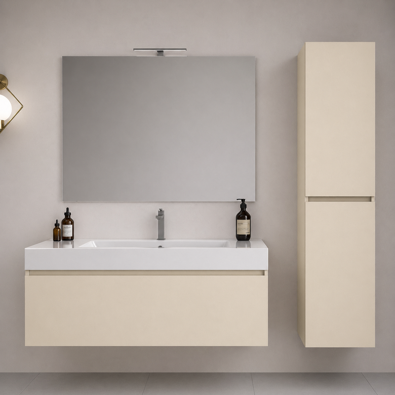 Mobile bagno sospeso Cairo 100 cm con lavabo in marmoresina, specchio con LED e colonna - Pianta di Vaniglia