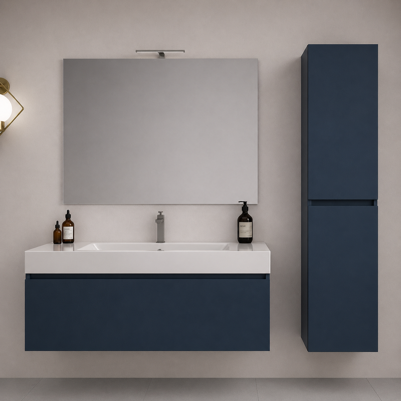 Mobile bagno sospeso Cairo 100 cm con lavabo in marmoresina, specchio con LED e colonna - Blu Capri