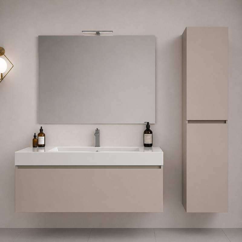 Mobile bagno sospeso Cairo 100 cm con lavabo in marmoresina, specchio con LED e colonna - Cashmere