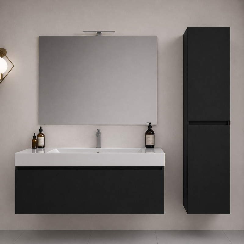 Mobile bagno sospeso Cairo 100 cm con lavabo in marmoresina, specchio con LED e colonna - Nero Sabbiato