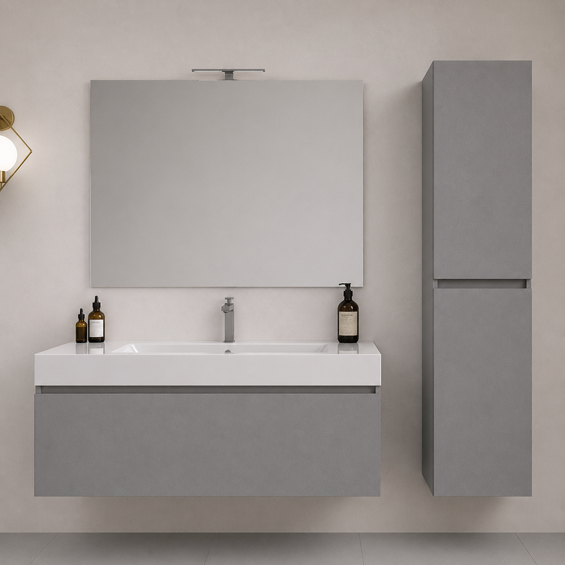 Mobile bagno sospeso Cairo 100 cm con lavabo in marmoresina, specchio con LED e colonna - Grigio Londra