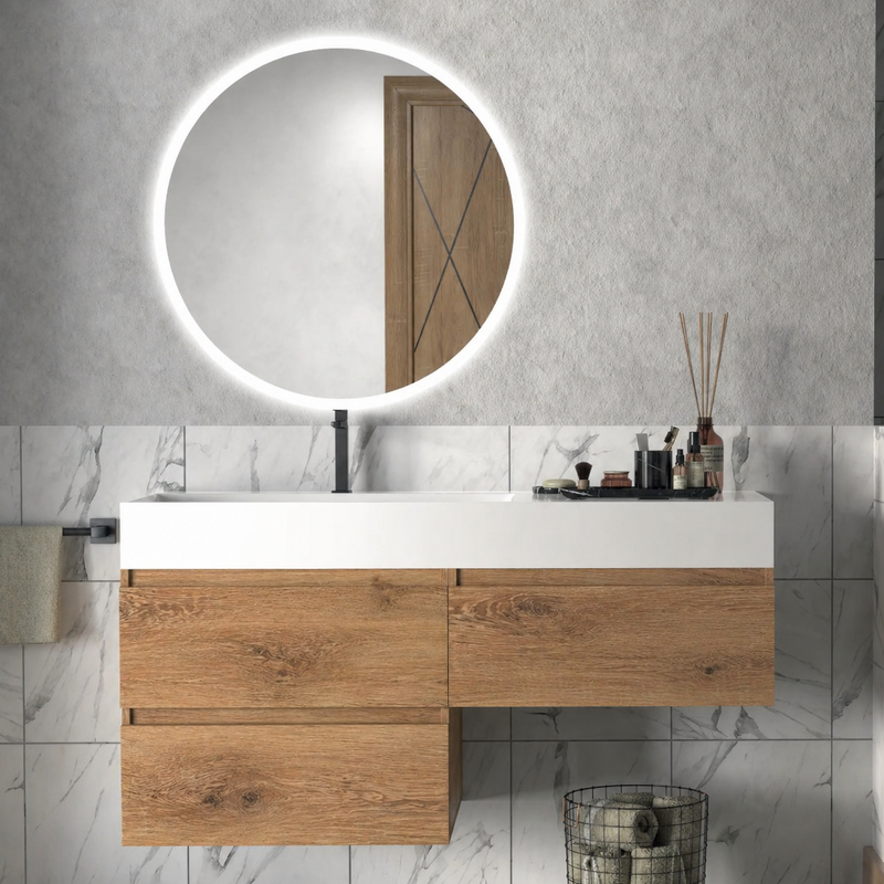 Mobile bagno sospeso Camilla 120 cm con lavabo in marmoresina e specchio LED retroilluminato - Rovere Nodato