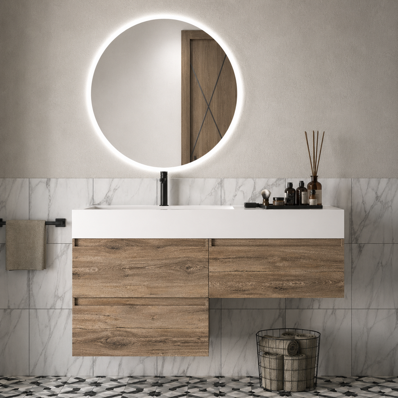 Mobile bagno sospeso Camilla 120 cm con lavabo in marmoresina e specchio LED retroilluminato - Olmo Sabbia