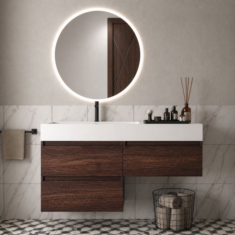 Mobile bagno sospeso Camilla 120 cm con lavabo in marmoresina e specchio LED retroilluminato - Noce