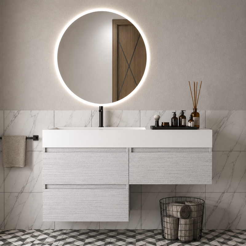 Mobile bagno sospeso Camilla 120 cm con lavabo in marmoresina e specchio LED retroilluminato - Portuna Bianco