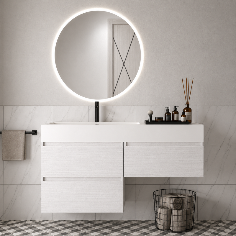 Mobile bagno sospeso Camilla 120 cm con lavabo in marmoresina e specchio LED retroilluminato - Bianco Frassino
