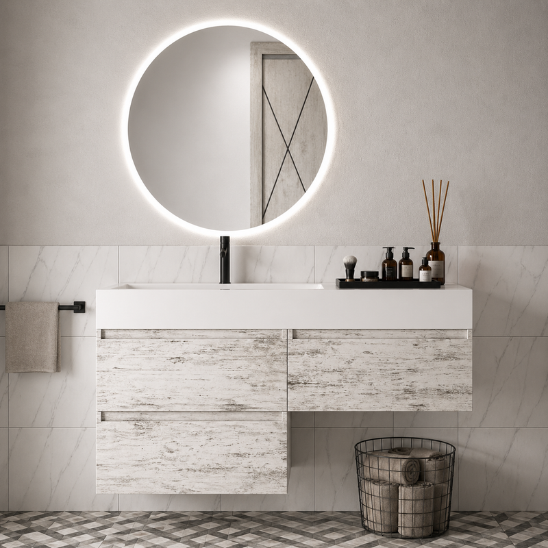 Mobile bagno sospeso Camilla 120 cm con lavabo in marmoresina e specchio LED retroilluminato - Bianco Vintage