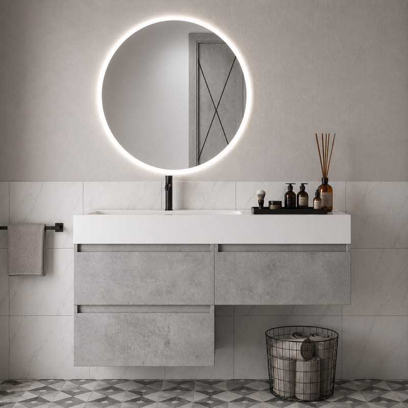 Mobile bagno sospeso Camilla 120 cm con lavabo in marmoresina e specchio LED retroilluminato - Cemento Chiaro