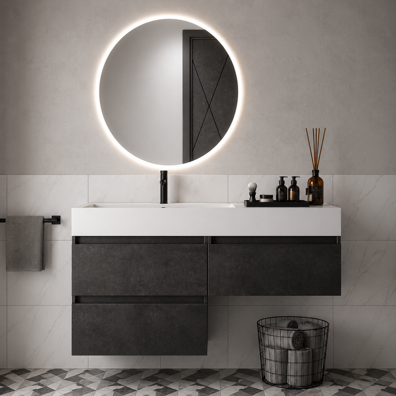 Mobile bagno sospeso Camilla 120 cm con lavabo in marmoresina e specchio LED retroilluminato - Cemento Scuro
