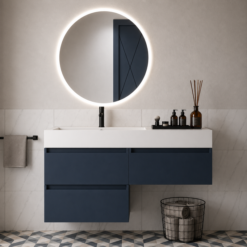 Mobile bagno sospeso Camilla 120 cm con lavabo in marmoresina e specchio LED retroilluminato - Blu Capri