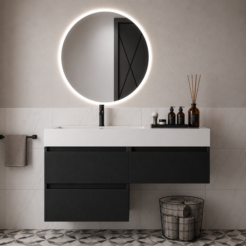 Mobile bagno sospeso Camilla 120 cm con lavabo in marmoresina e specchio LED retroilluminato - Nero Sabbiato