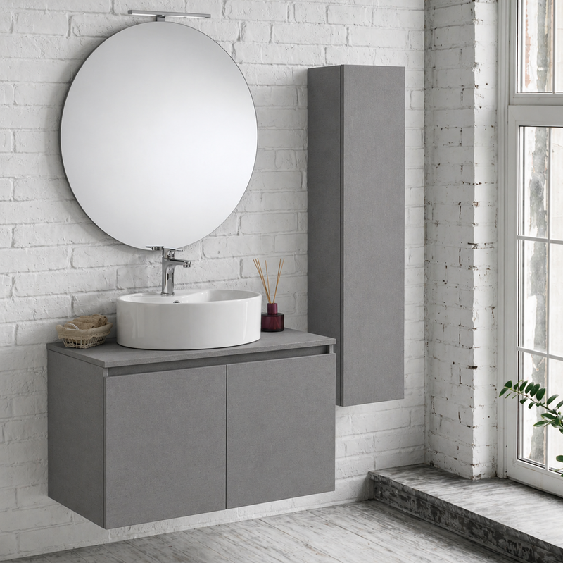 Mobile bagno sospeso Sunset 90 cm con lavabo d'appoggio, specchio con lampada LED e colonna - Grigio Londra