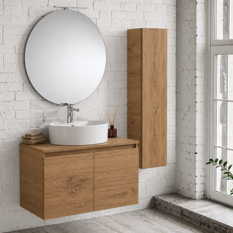 Mobile bagno sospeso Sunset 90 cm con lavabo d'appoggio, specchio con lampada LED e colonna - Rovere Nodato