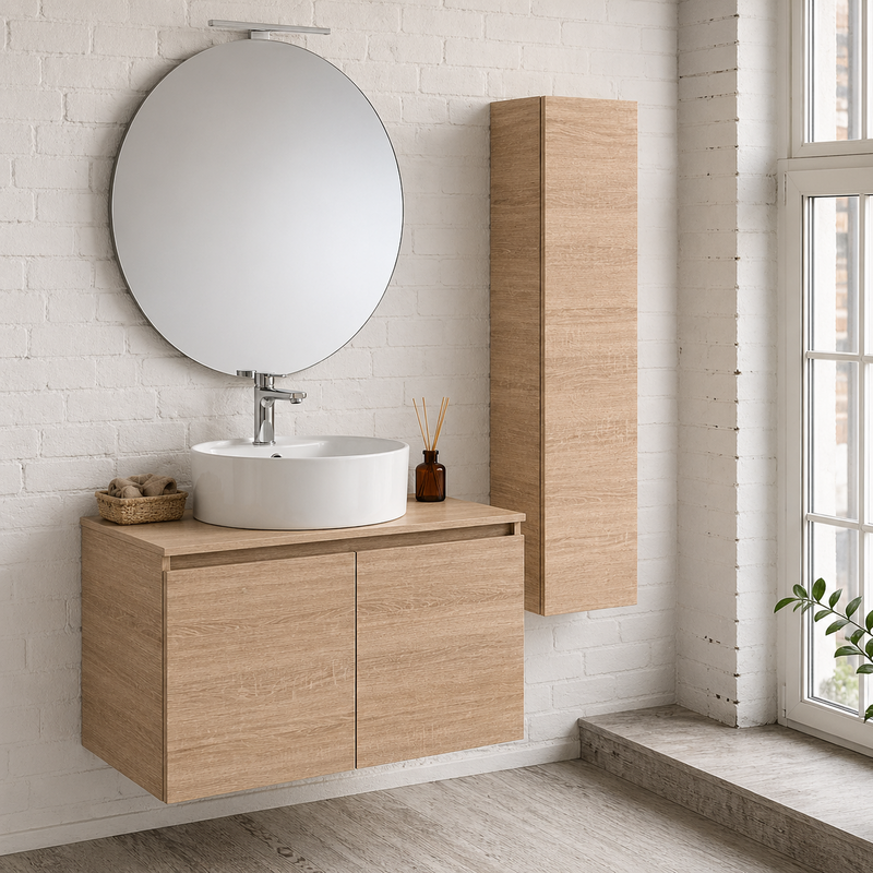 Mobile bagno sospeso Sunset 90 cm con lavabo d'appoggio, specchio con lampada LED e colonna - Rovere Americano