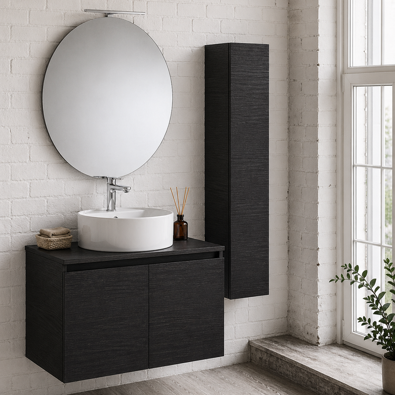 Mobile bagno sospeso Sunset 90 cm con lavabo d'appoggio, specchio con lampada LED e colonna - Rovere Moro