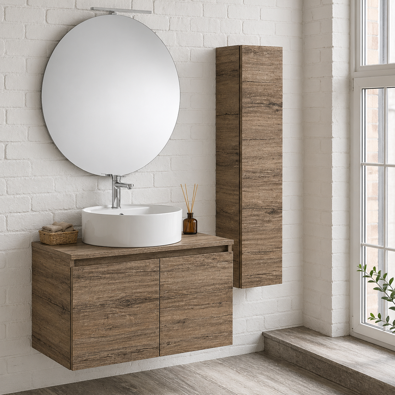 Mobile bagno sospeso Sunset 90 cm con lavabo d'appoggio, specchio con lampada LED e colonna - Olmo Sabbia