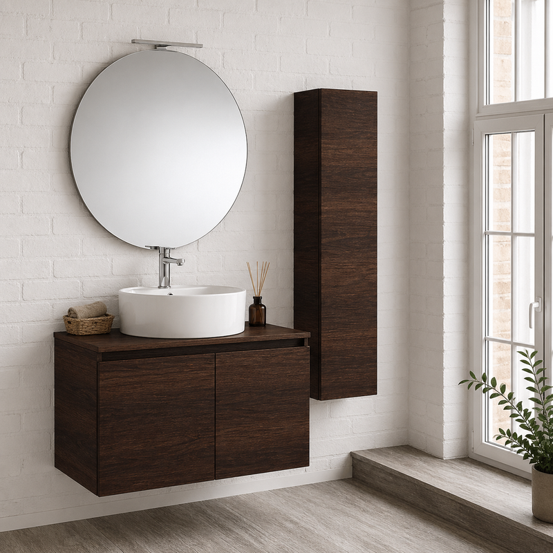 Mobile bagno sospeso Sunset 90 cm con lavabo d'appoggio, specchio con lampada LED e colonna - Noce