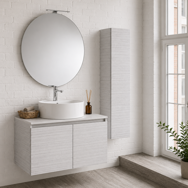 Mobile bagno sospeso Sunset 90 cm con lavabo d'appoggio, specchio con lampada LED e colonna - Portuna Bianco