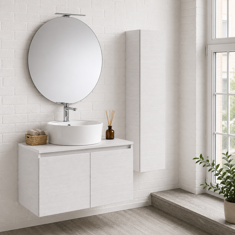 Mobile bagno sospeso Sunset 90 cm con lavabo d'appoggio, specchio con lampada LED e colonna - Bianco Frassino