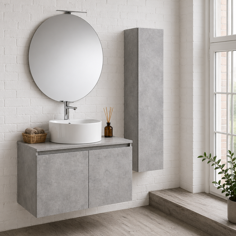 Mobile bagno sospeso Sunset 90 cm con lavabo d'appoggio, specchio con lampada LED e colonna - Cemento Chiaro