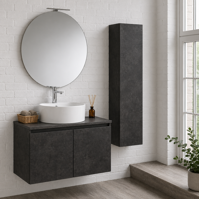 Mobile bagno sospeso Sunset 90 cm con lavabo d'appoggio, specchio con lampada LED e colonna - Cemento Scuro