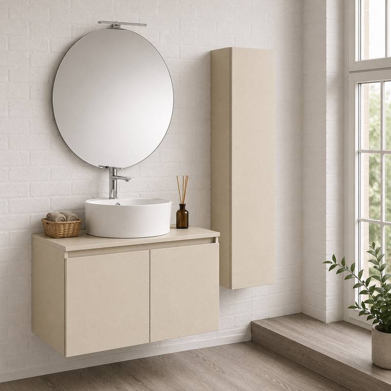 Mobile bagno sospeso Sunset 90 cm con lavabo d'appoggio, specchio con lampada LED e colonna - Pianta di Vaniglia