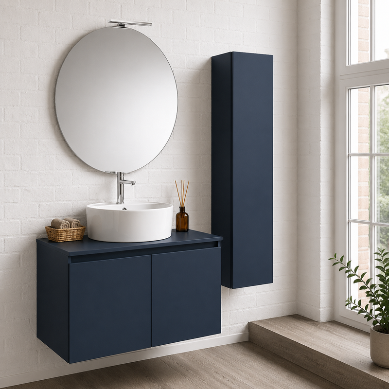 Mobile bagno sospeso Sunset 90 cm con lavabo d'appoggio, specchio con lampada LED e colonna - Blu Capri