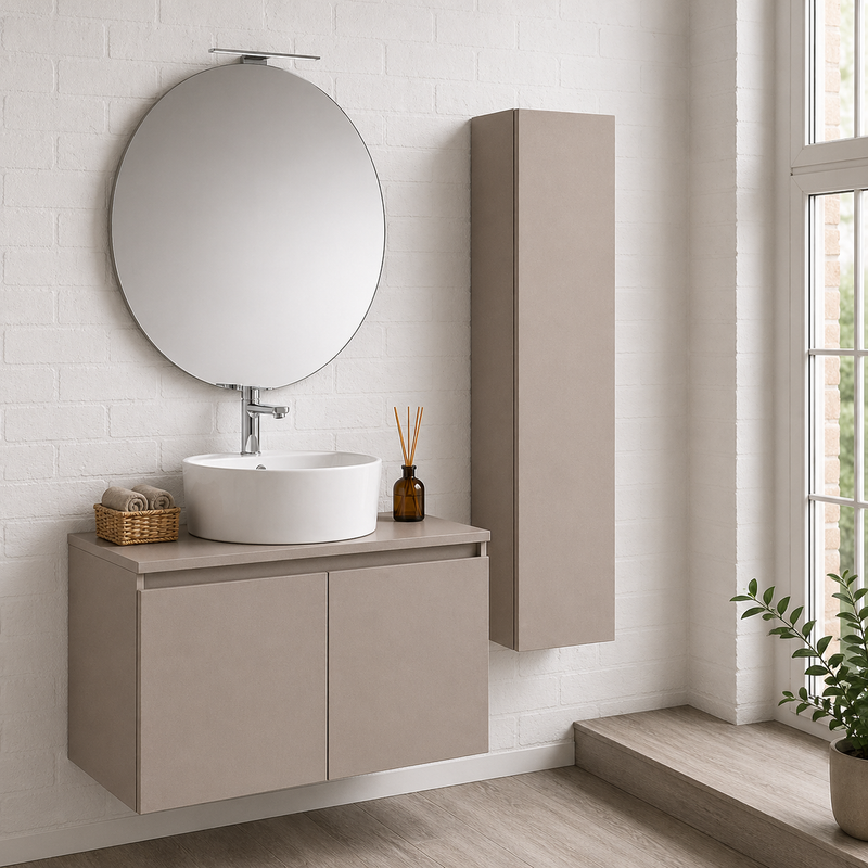 Mobile bagno sospeso Sunset 90 cm con lavabo d'appoggio, specchio con lampada LED e colonna - Cashmere