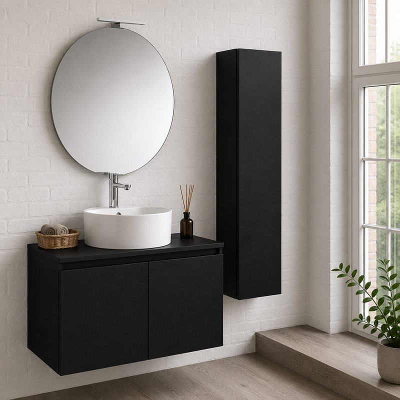 Mobile bagno sospeso Sunset 90 cm con lavabo d'appoggio, specchio con lampada LED e colonna - Nero Sabbiato