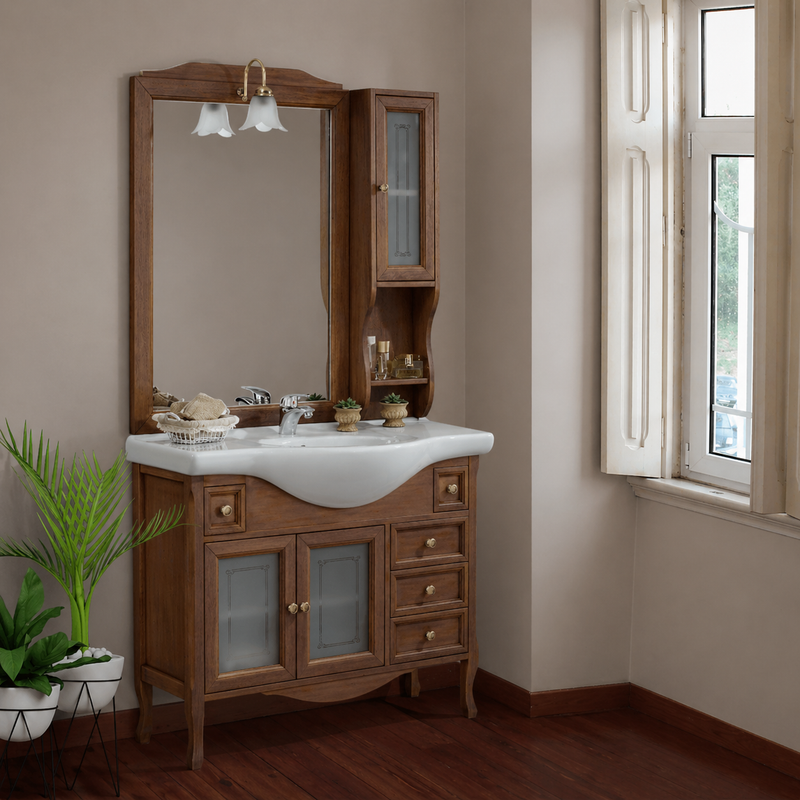 Mobile bagno Provence 105 cm stile shabby chic con lavabo, specchio e pensile - Noce