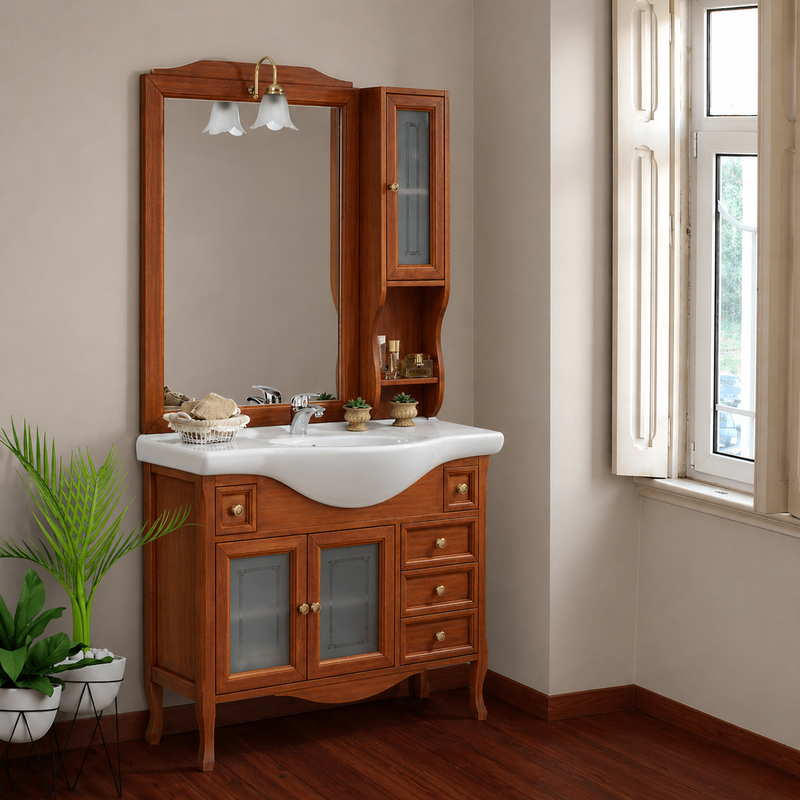 Mobile bagno Provence 85 cm stile shabby chic con lavabo, specchio e pensile - Ciliegio