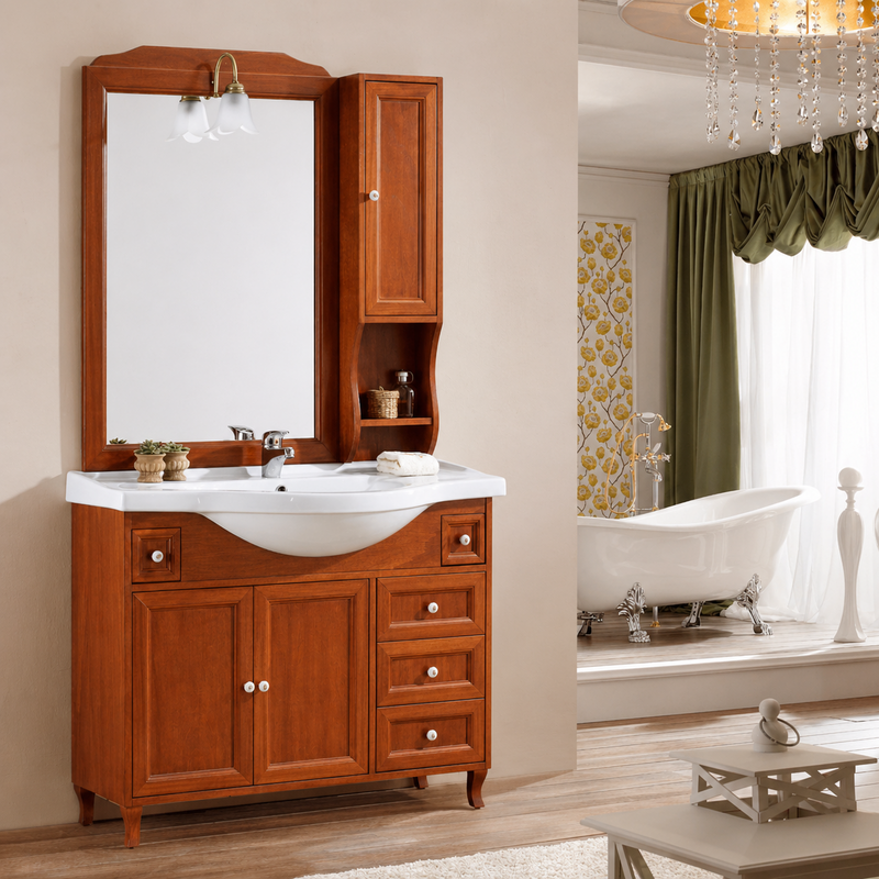 Mobile bagno Giulietta 105 cm stile shabby chic con lavabo, specchio e pensile - Ciliegio