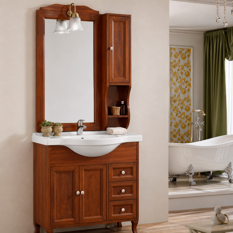 Mobile bagno Giulietta 85 cm stile shabby chic con lavabo, specchio e pensile - Ciliegio