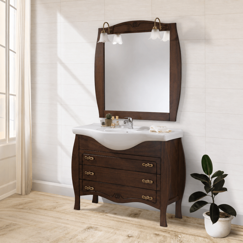 Mobile bagno Shangai 85 cm in arte povera con lavabo e specchio - Noce