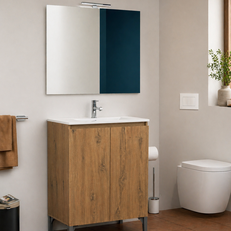 Mobile bagno a terra Alex 90 cm Cubi&Co con lavabo, specchio e LED - Rovere Nodato