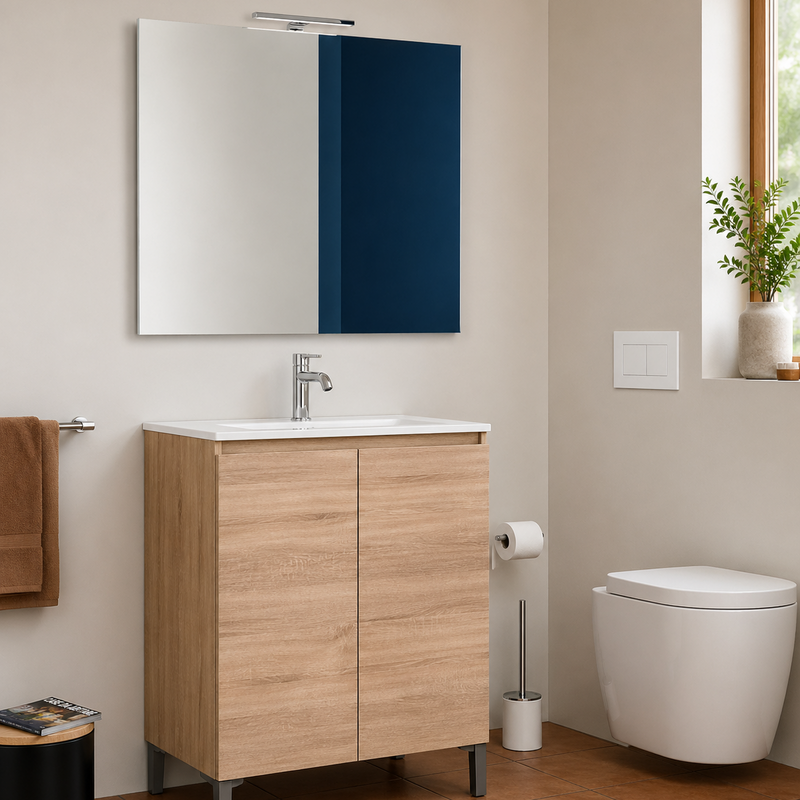 Mobile bagno a terra Alex 90 cm Cubi&Co con lavabo, specchio e LED - Rovere Americano