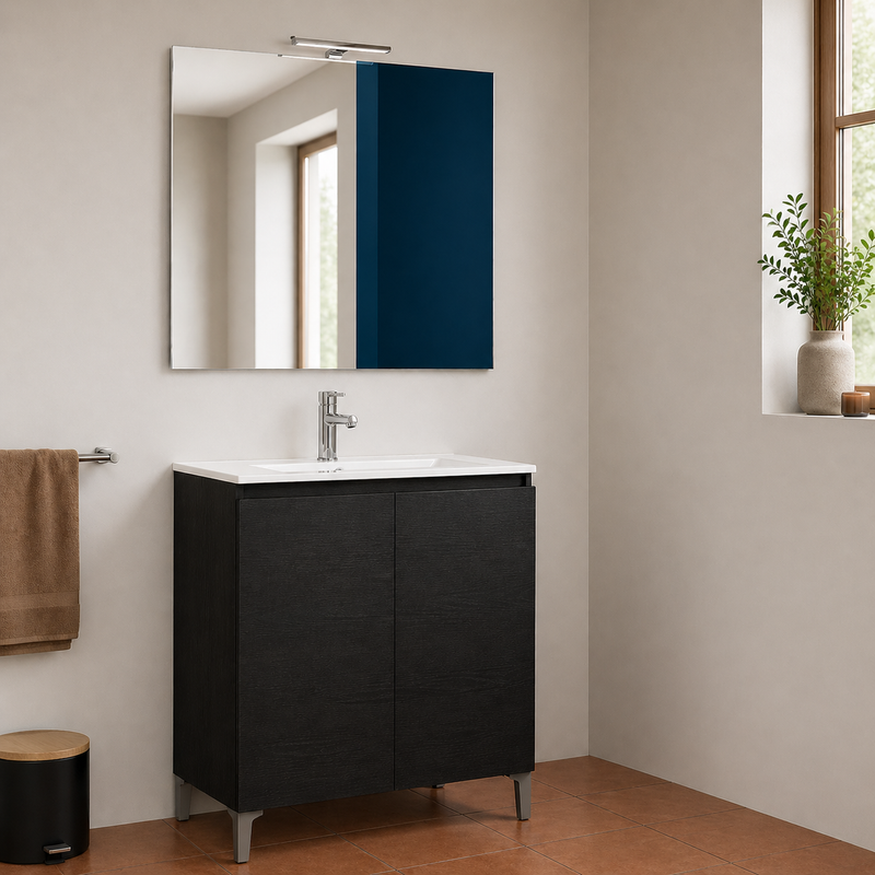 Mobile bagno a terra Alex 90 cm Cubi&Co con lavabo, specchio e LED - Rovere Moro