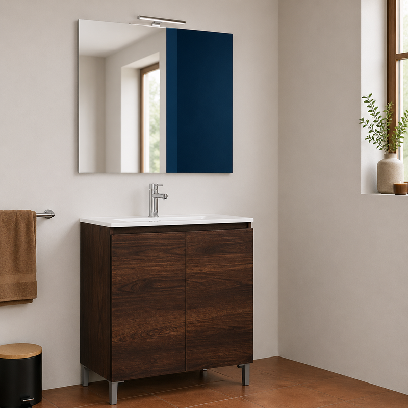 Mobile bagno a terra Alex 90 cm Cubi&Co con lavabo, specchio e LED - Noce