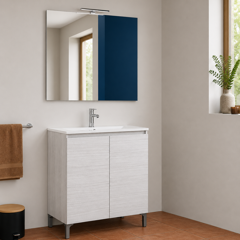 Mobile bagno a terra Alex 90 cm Cubi&Co con lavabo, specchio e LED - Portuna Bianco