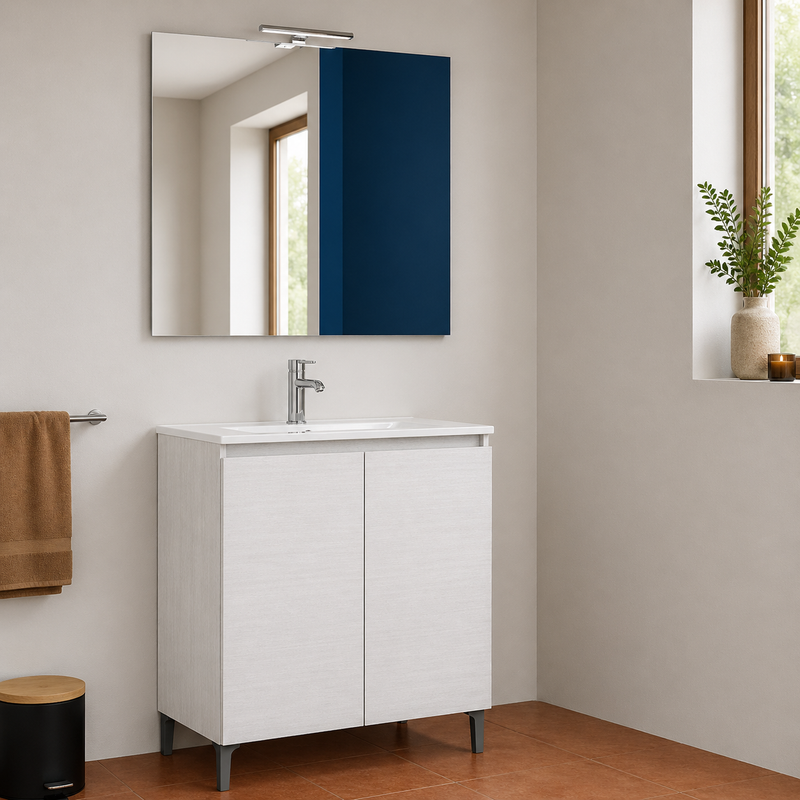 Mobile bagno a terra Alex 90 cm Cubi&Co con lavabo, specchio e LED - Bianco Frassino