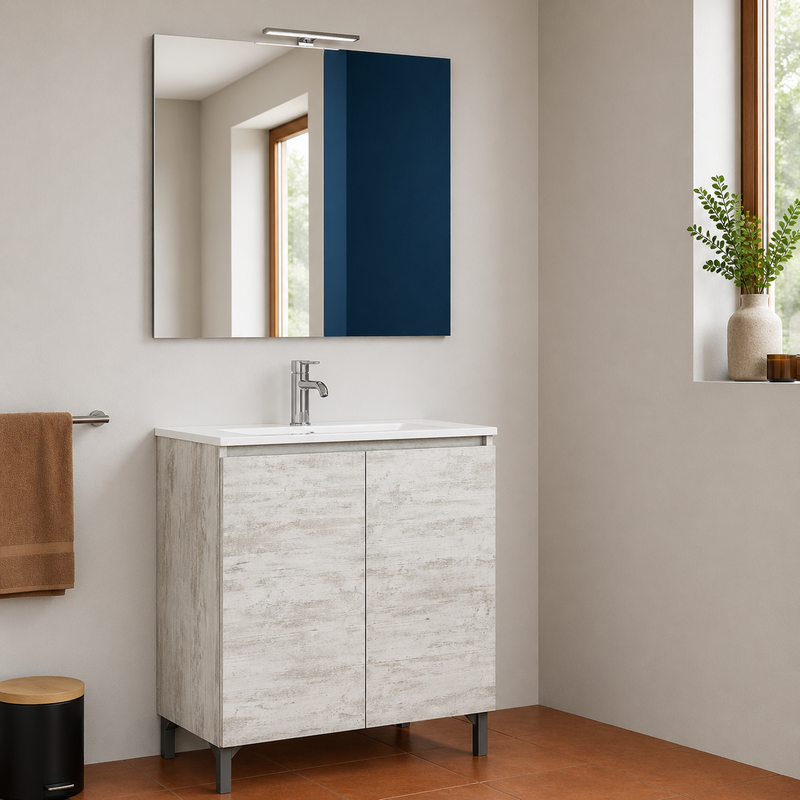 Mobile bagno a terra Alex 90 cm Cubi&Co con lavabo, specchio e LED - Bianco Vintage