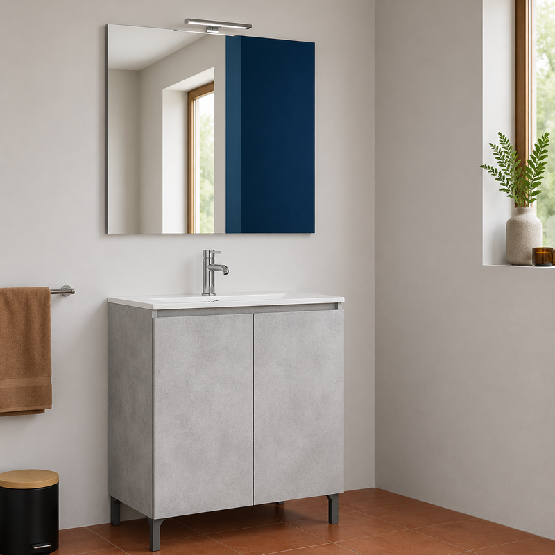 Mobile bagno a terra Alex 90 cm Cubi&Co con lavabo, specchio e LED - Cemento Chiaro