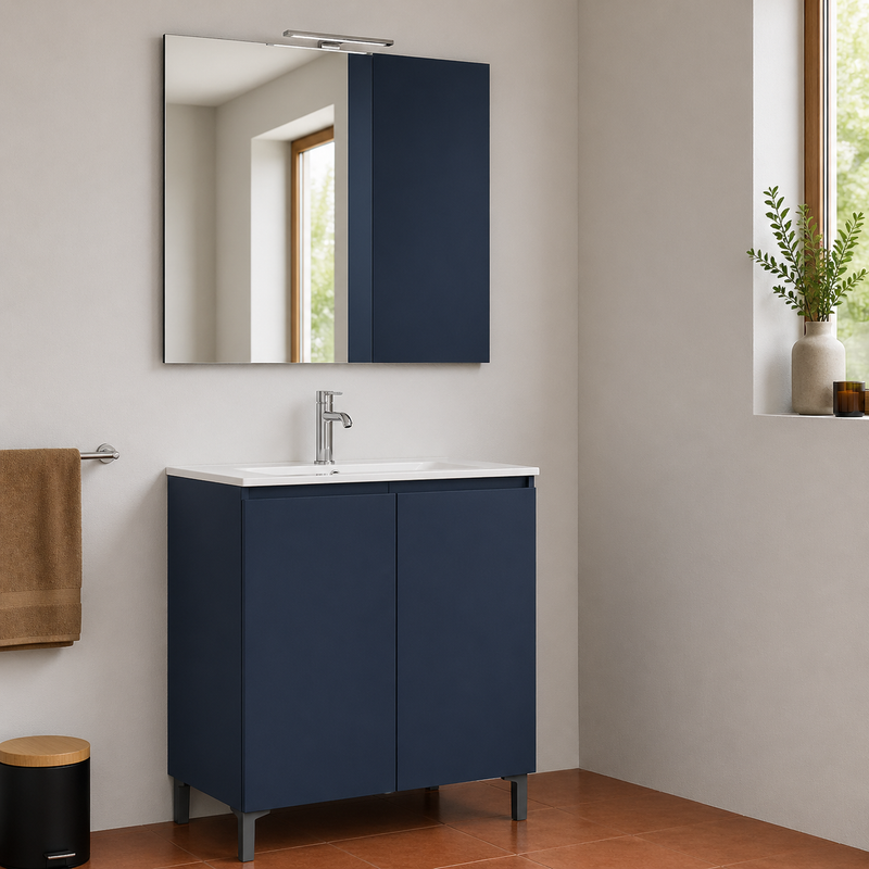 Mobile bagno a terra Alex 90 cm Cubi&Co con lavabo, specchio e LED - Blu Capri