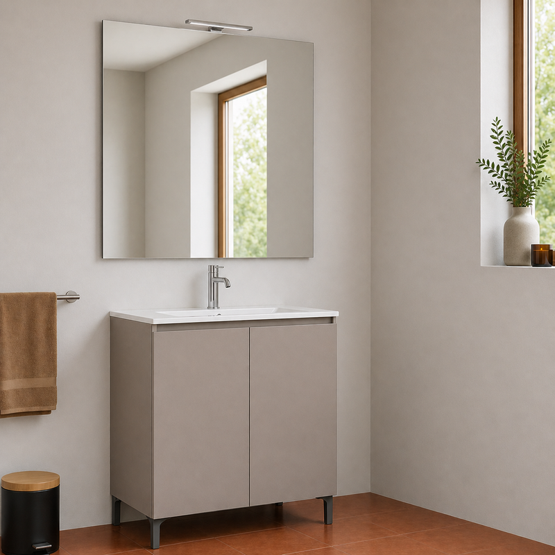 Mobile bagno a terra Alex 90 cm Cubi&Co con lavabo, specchio e LED - Cashmere