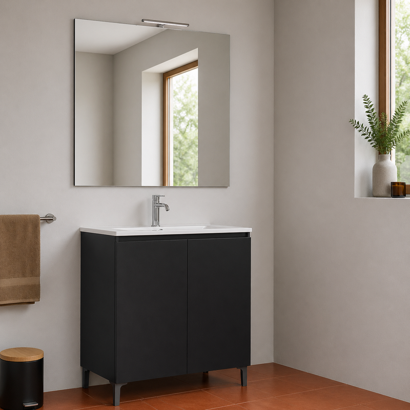 Mobile bagno a terra Alex 90 cm Cubi&Co con lavabo, specchio e LED - Nero Sabbiato