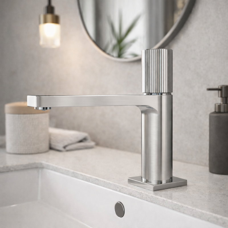 Miscelatore lavabo RubiFlux serie Sculpt con leva rigata - Cromo spazzolato