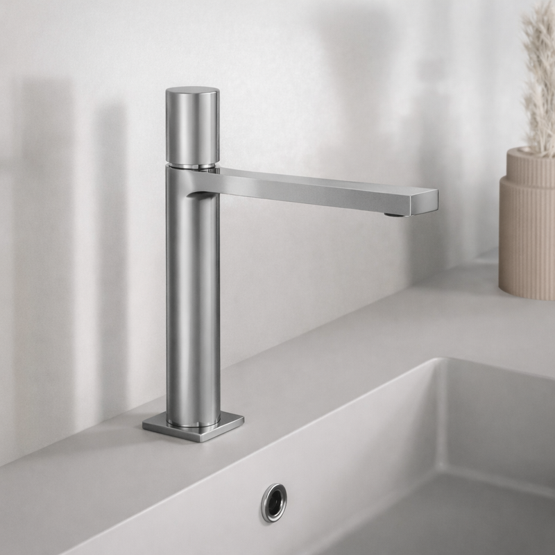 Miscelatore lavabo medio RubiFlux Sculpt con leva liscia - Cromo spazzolato