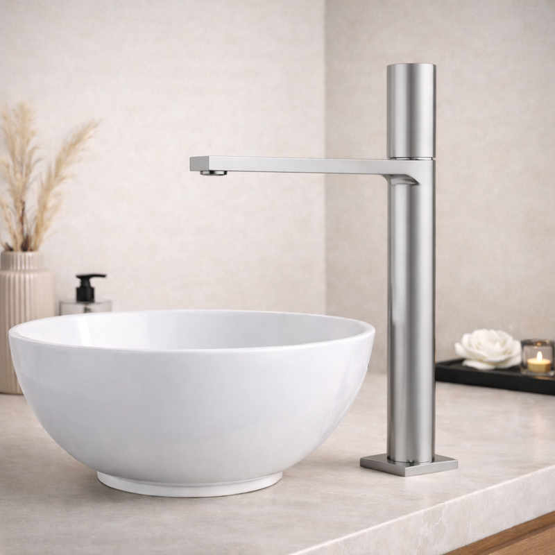 Miscelatore lavabo alto RubiFlux Sculpt con leva liscia - Cromo spazzolato