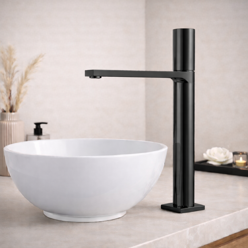 Miscelatore lavabo alto RubiFlux Sculpt con leva liscia - Nero lucido